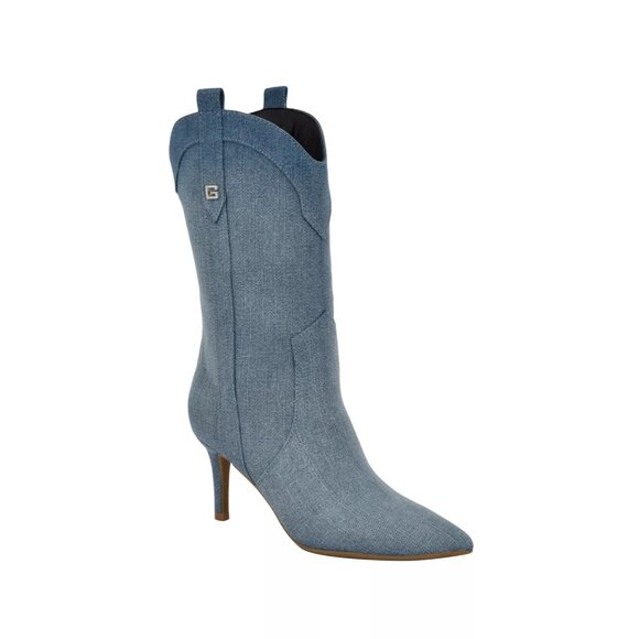 110$ GUESS Wurlie Western Stiletto Heeled Slip-On Booties Womens Size 9 Med Blue - Picture 1 of 1